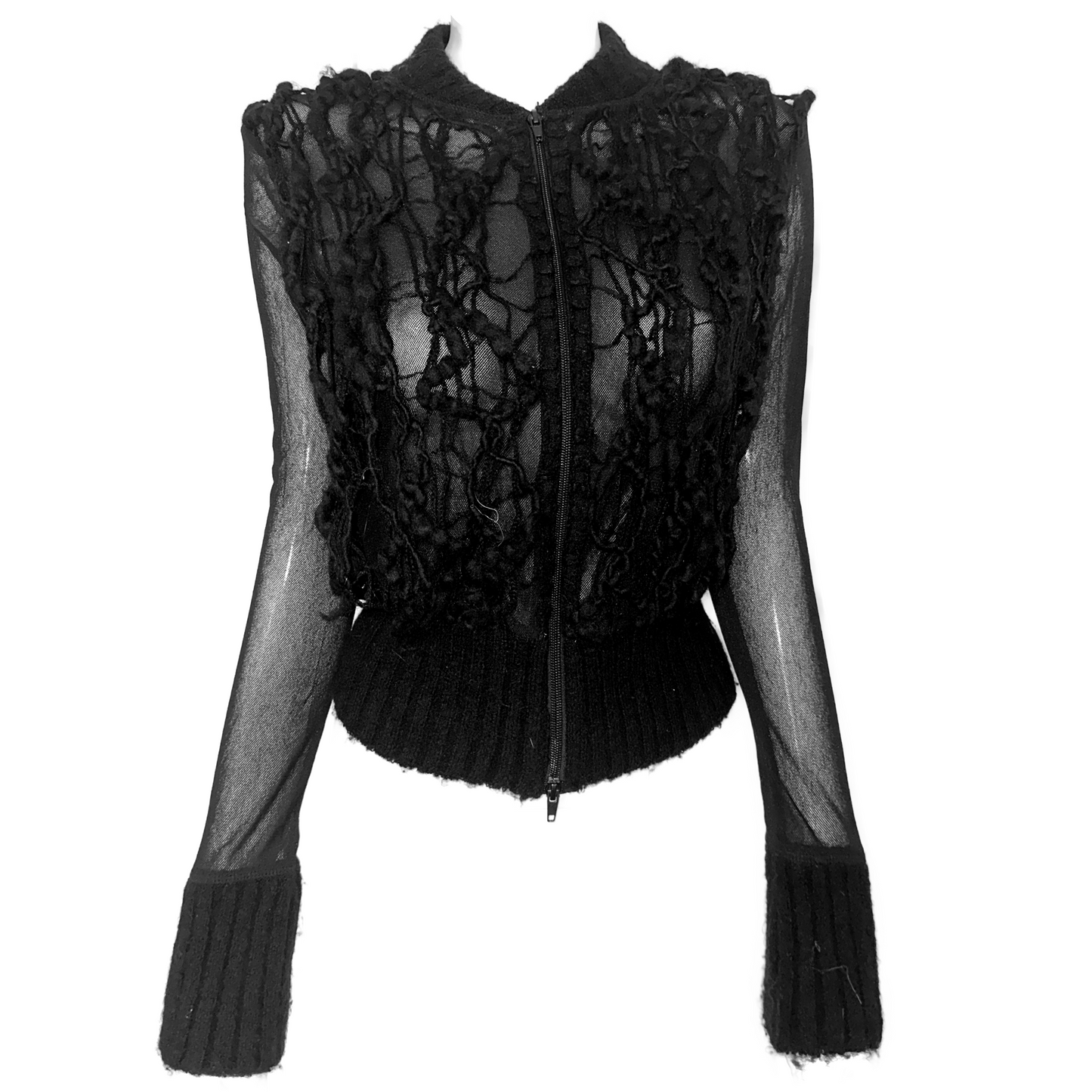 + Distressed mesh knit +