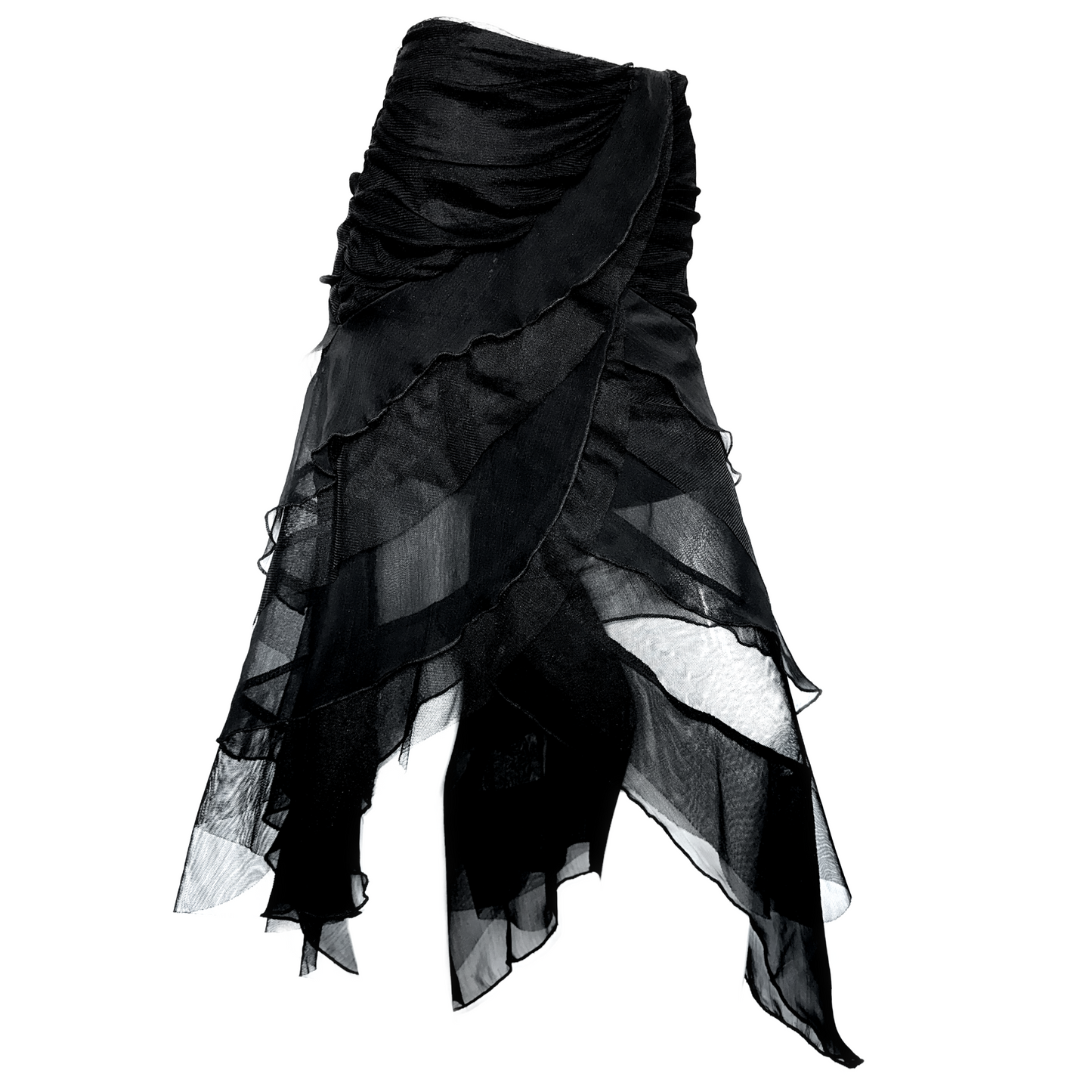 + Asymmetrical mesh skirt +