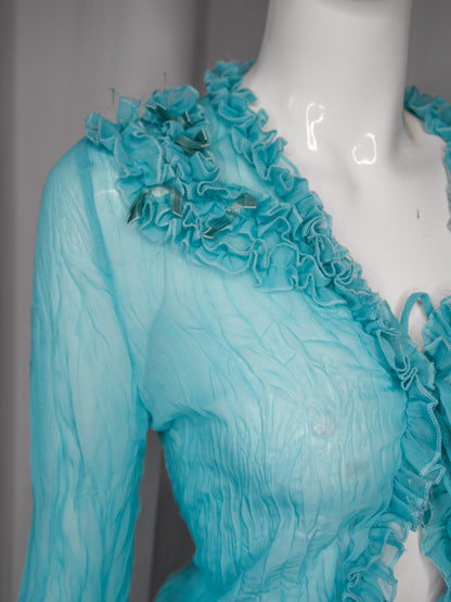 + Teal mesh ruffle shirt +