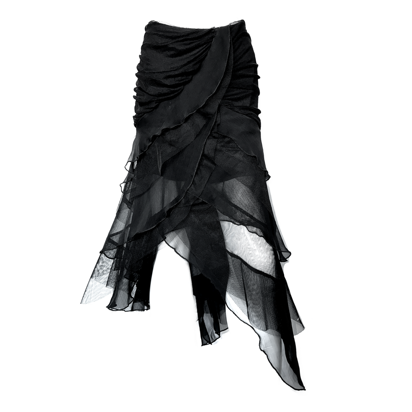+ Asymmetrical mesh skirt +