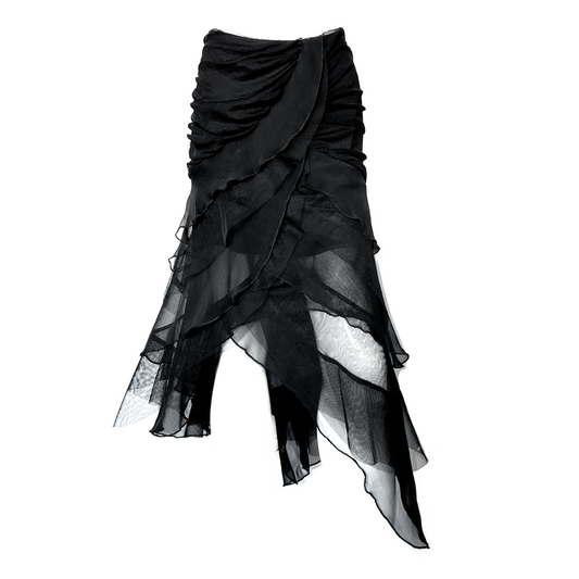 + Asymmetrical mesh skirt +