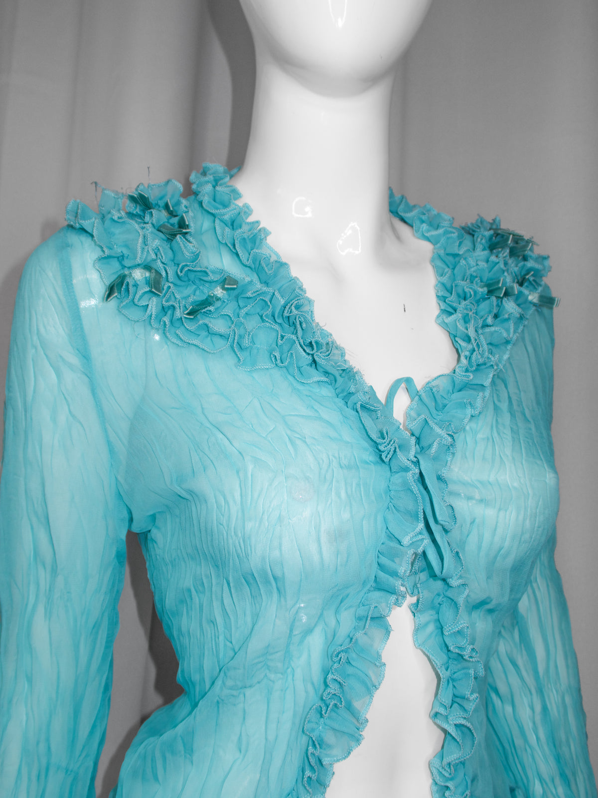 + Teal mesh ruffle shirt +