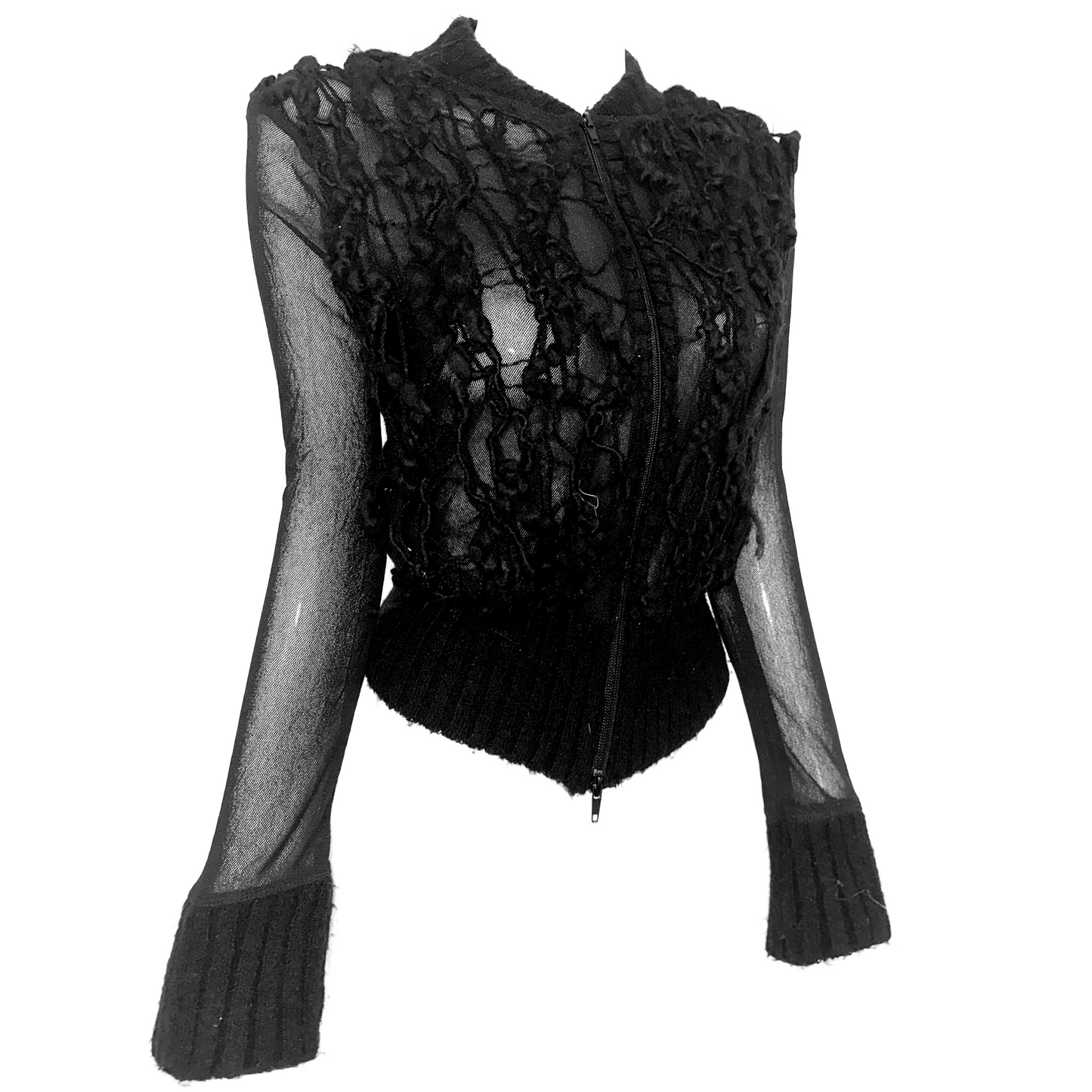 + Distressed mesh knit +