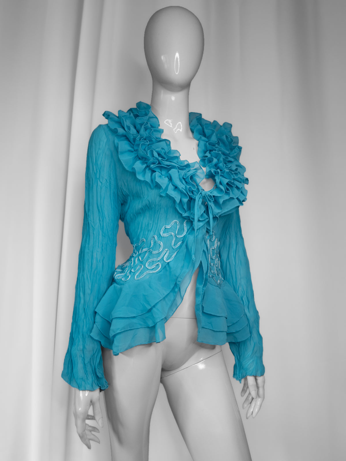 + Teal mesh ruffle shirt +