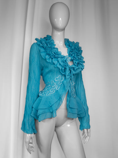 + Teal mesh ruffle shirt +