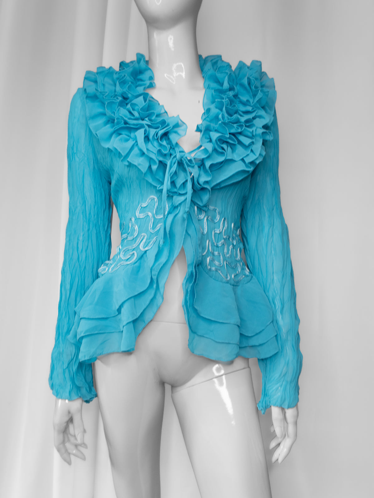 + Teal mesh ruffle shirt +