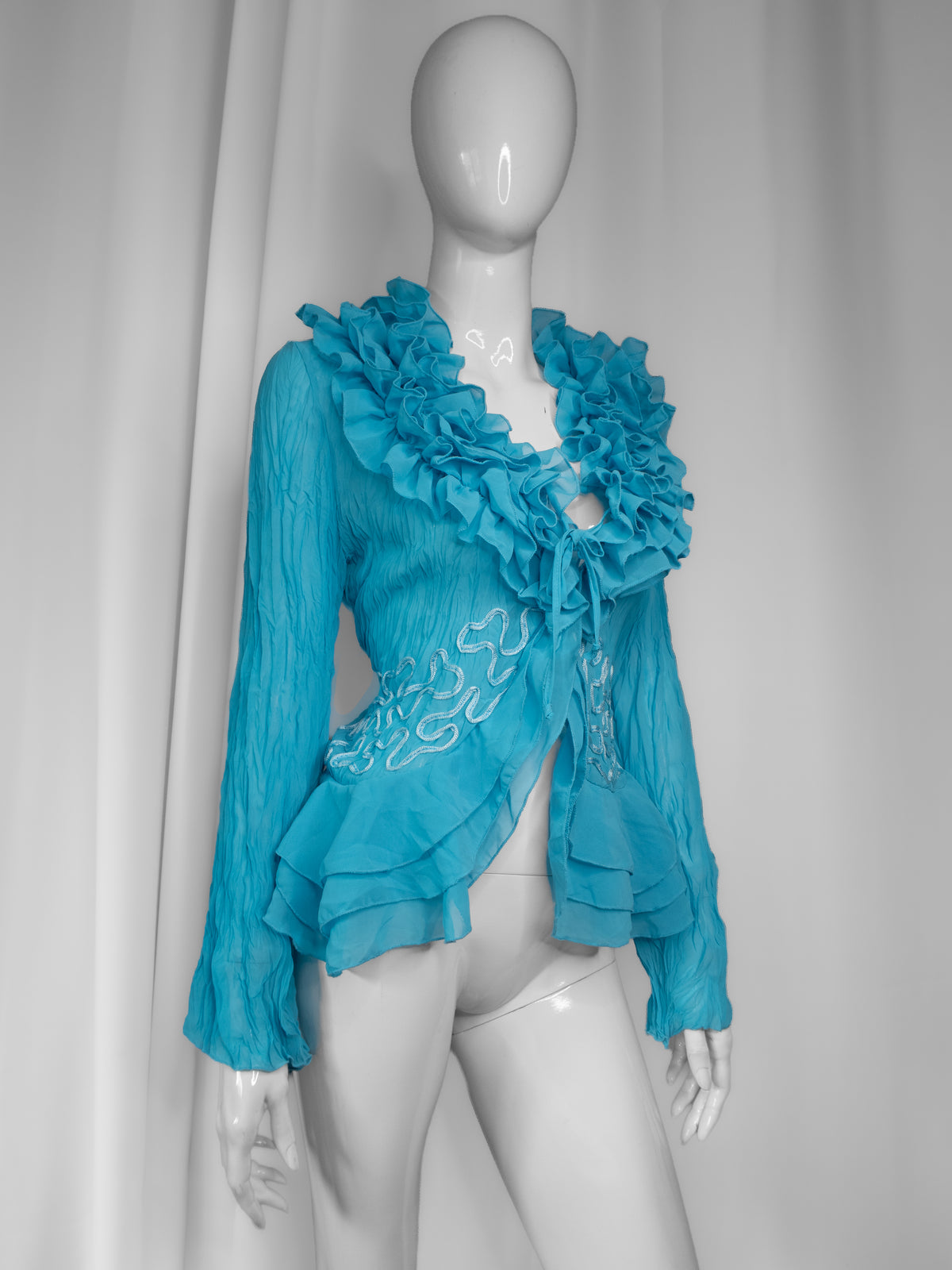 + Teal mesh ruffle shirt +