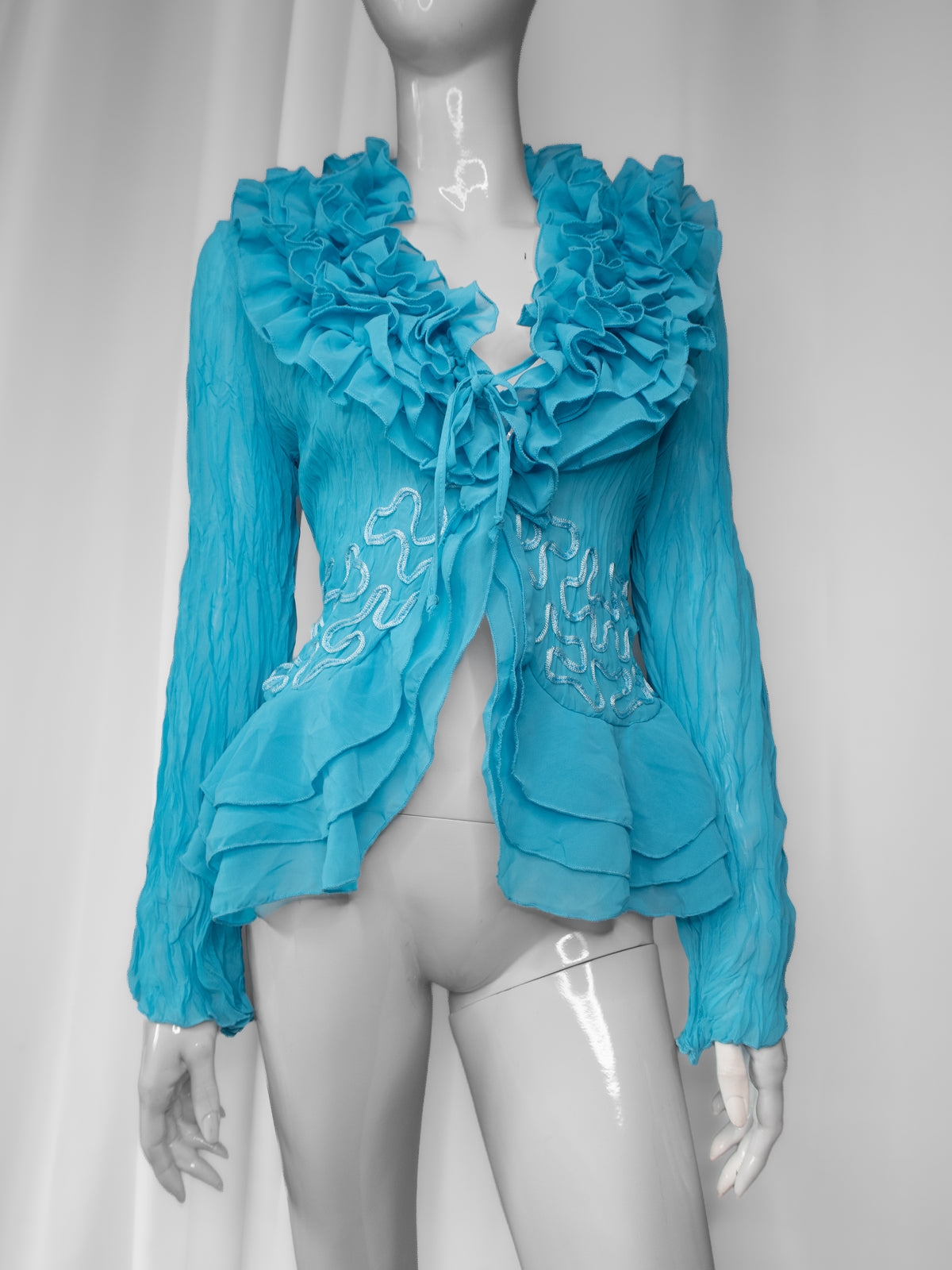 + Teal mesh ruffle shirt +