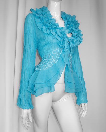 + Teal mesh ruffle shirt +