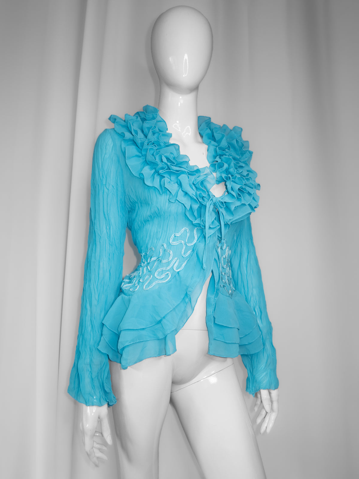 + Teal mesh ruffle shirt +