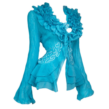 + Teal mesh ruffle shirt +